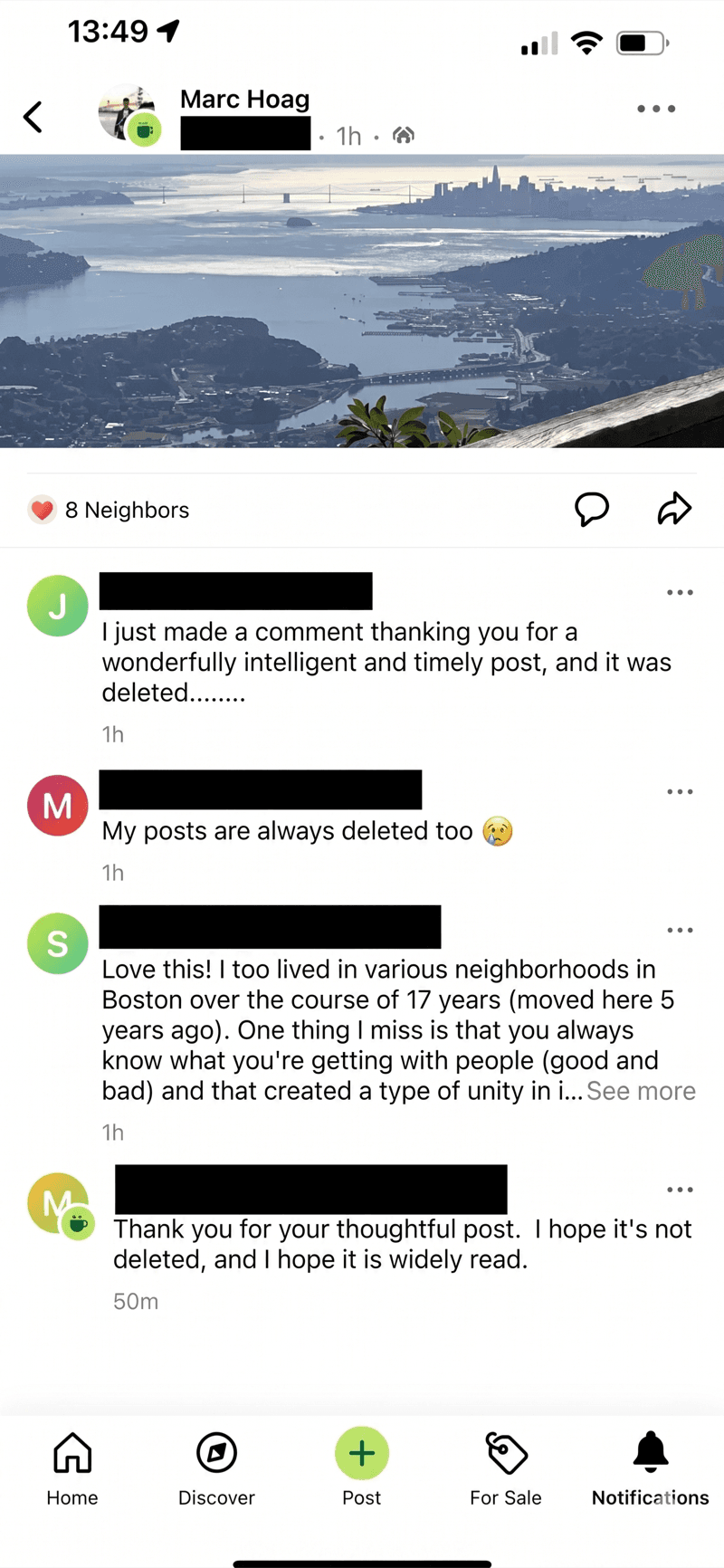 Screenshot of Marc's 2023 Nextdoor post about content moderation, showing 8 neighbor likes and supportive comments, including one neighbor saying 'My posts are always deleted too' and another writing 'I hope it's not deleted, and I hope it is widely read.' The post was deleted shortly after.