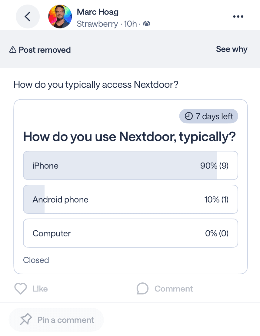Screenshot of a Nextdoor post marked 'Post removed' with the poll 'How do you use Nextdoor, typically?' showing 90% iPhone, 10% Android, 0% Computer