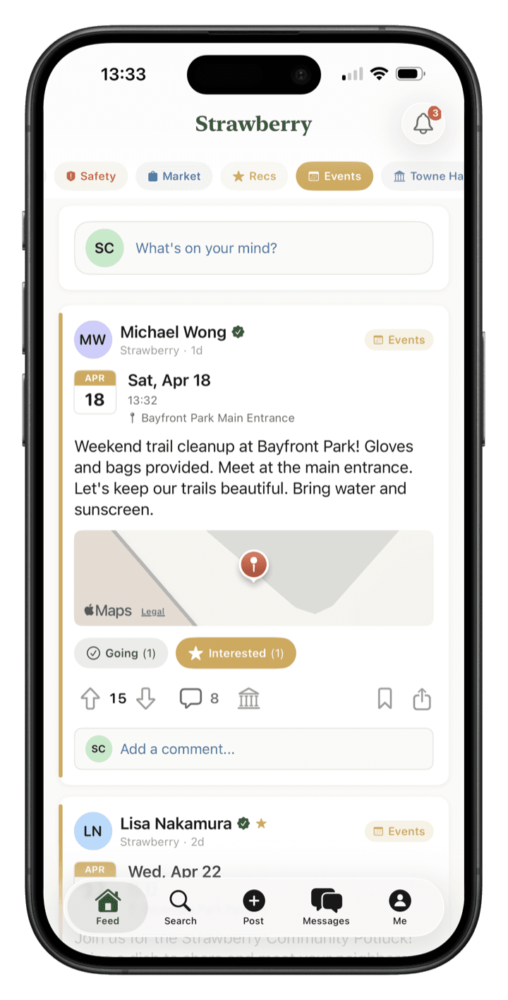 Towne Events channel showing a weekend trail cleanup hosted at Bayfront Park with RSVP buttons and an interactive map pin