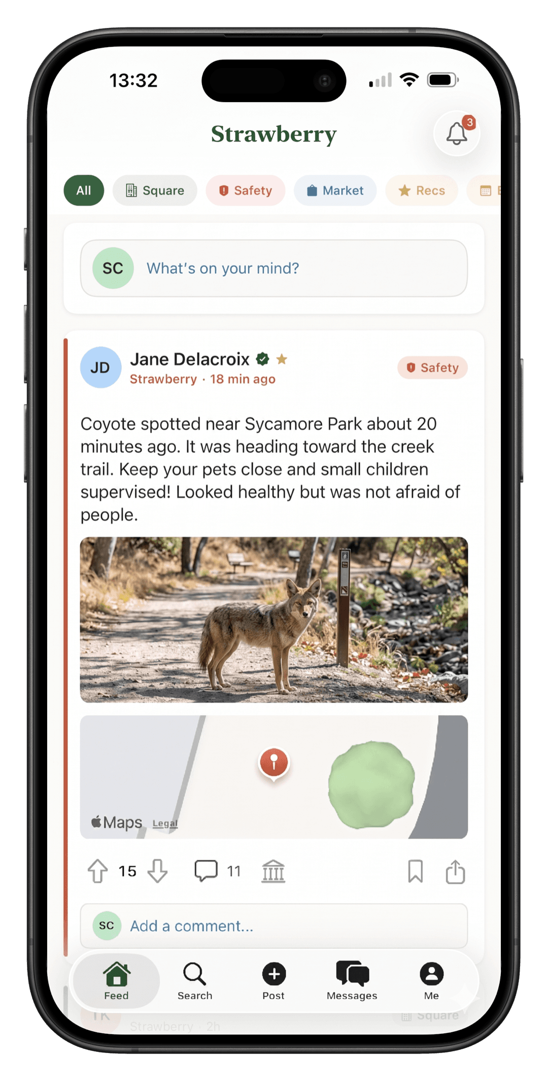 Towne app on iPhone showing a verified neighbor's safety alert about a coyote spotted near Sycamore Park