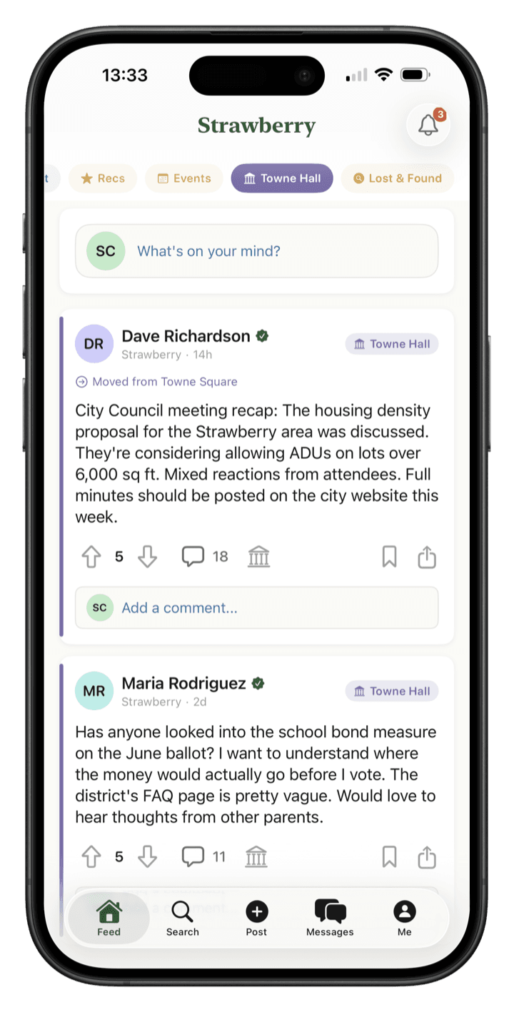 Towne Hall channel showing a City Council meeting recap post about housing density and a neighbor's question about the school bond ballot