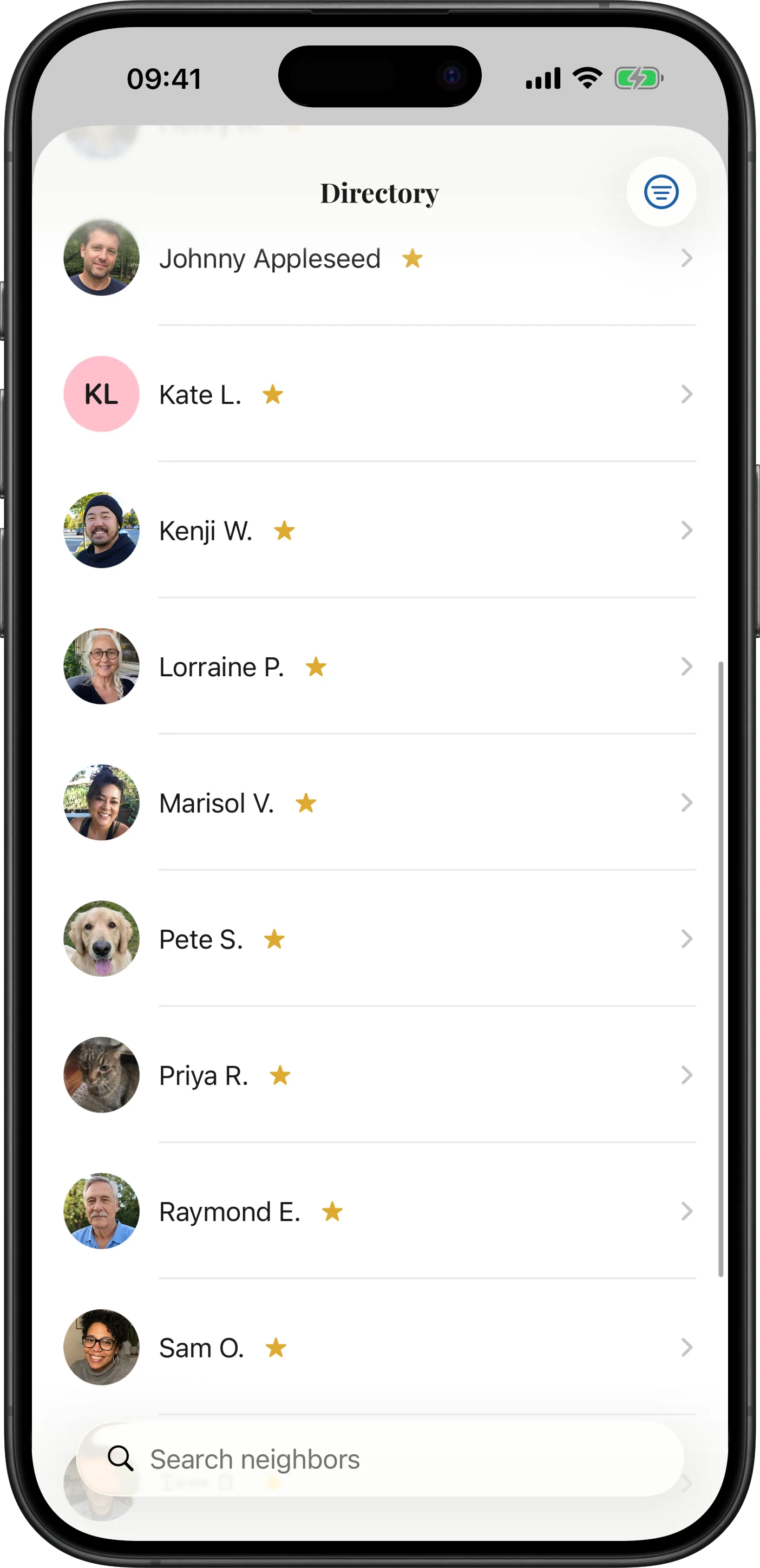 The Towne app's Directory: a scrollable list of the neighbors in one neighborhood, each with their photo and name, and a search box at the bottom