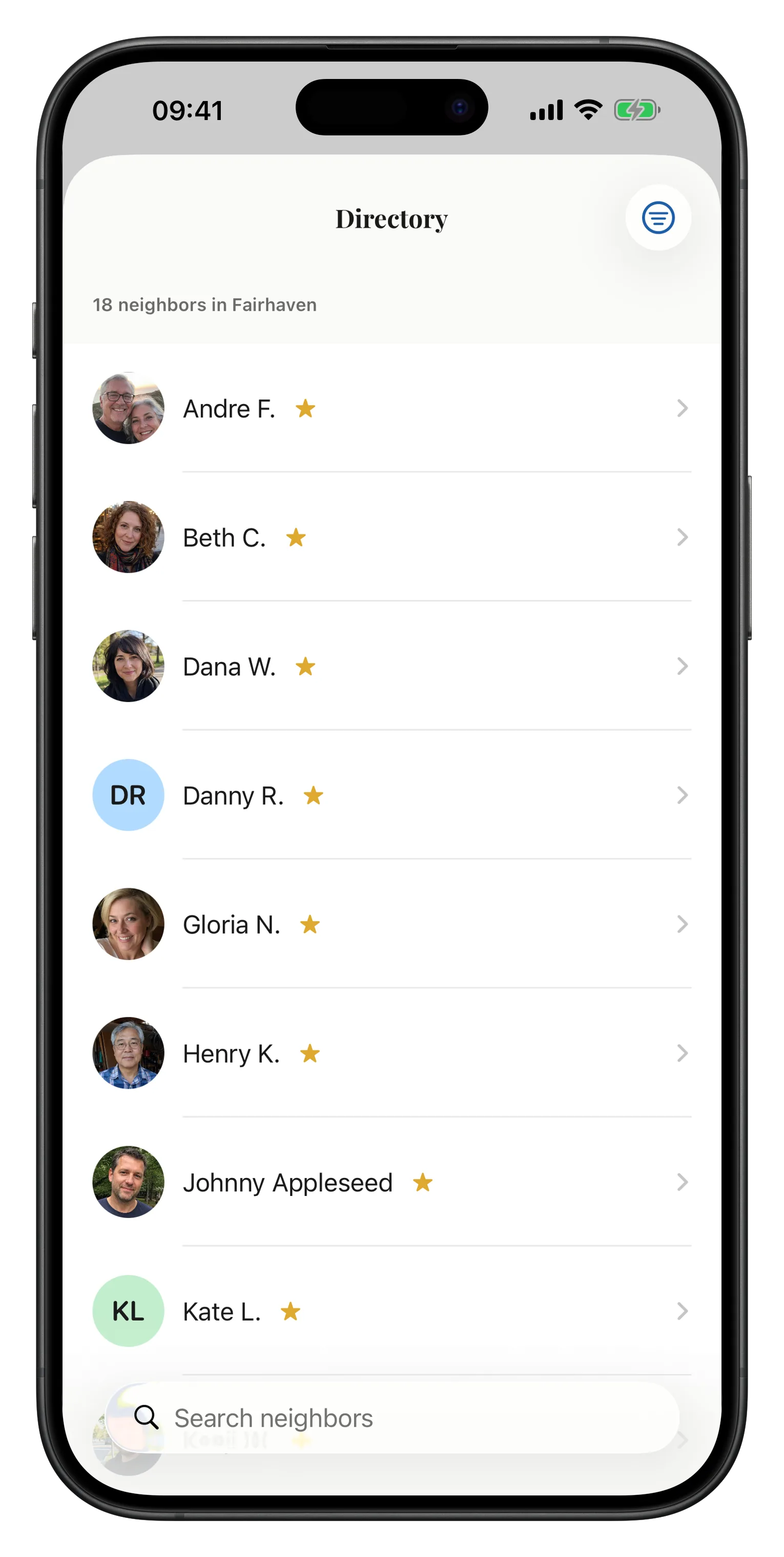 The Towne app's Directory: a scrollable list of the neighbors in one neighborhood, each with their photo and name, and a search box at the bottom