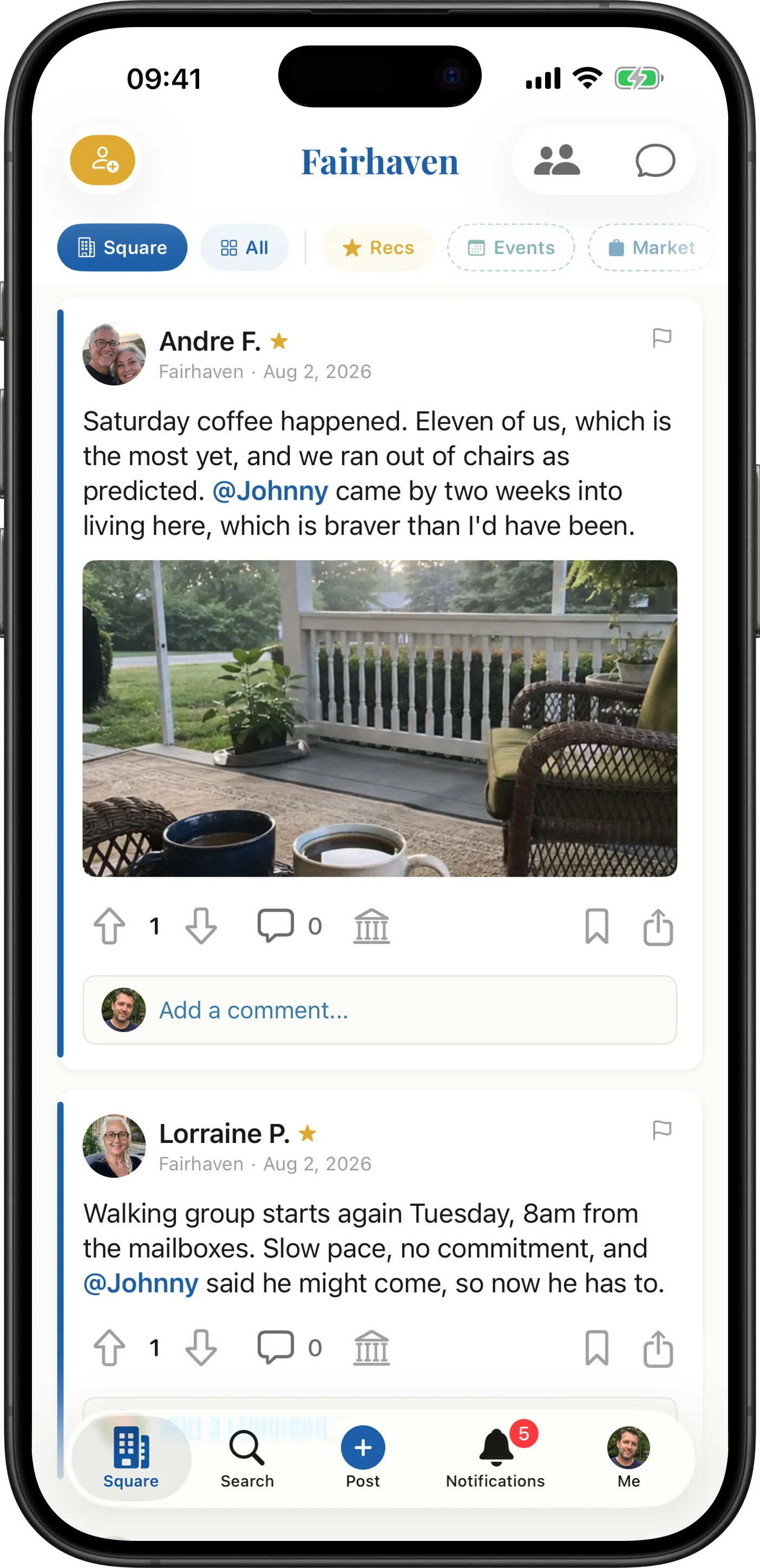 The Towne app on iPhone, showing a neighborhood feed in Fairhaven: the channel bar with Towne Square and Recommendations, and a neighbor's post about the Saturday coffee that eleven people came to, with a photo of mugs on a porch