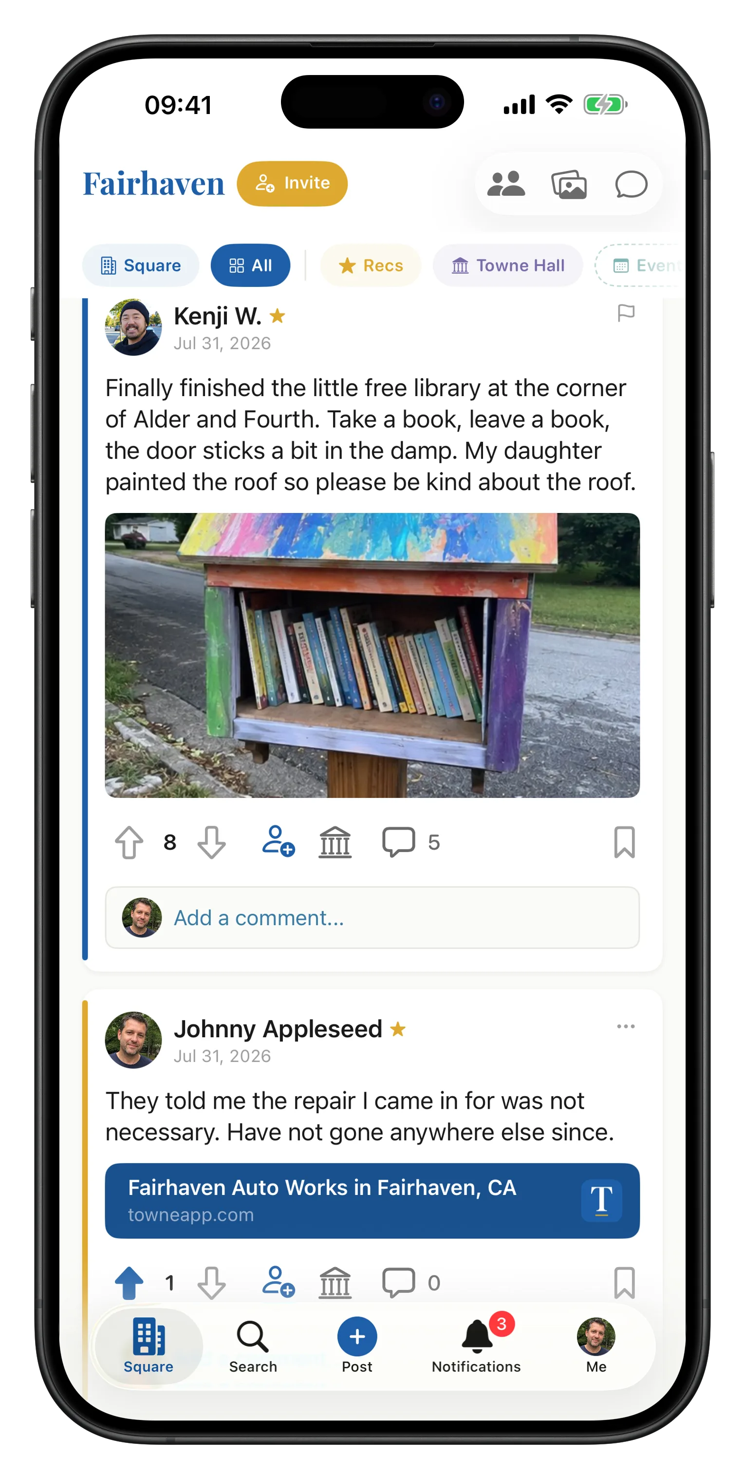 The Towne app on iPhone, showing the Fairhaven neighborhood feed: the channel bar with Towne Square, All, Recommendations and Towne Hall, and a neighbor's post about the little free library he finished at the corner of Alder and Fourth, with a photo of the books inside and the roof his daughter painted