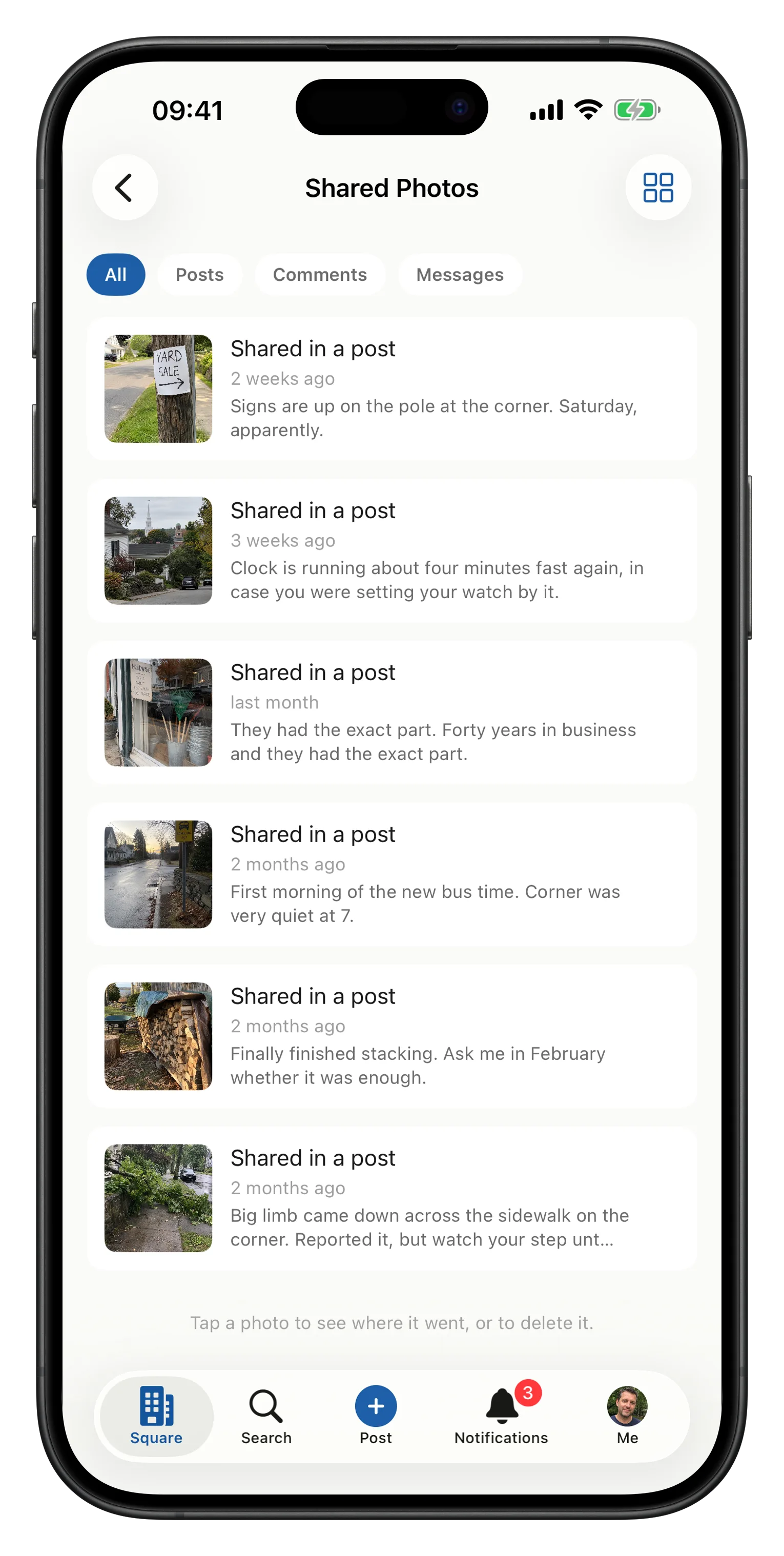 The Towne app's photo album: a grid of a neighbor's own photos, each showing where it was shared, with one selected and the option to remove it from that post