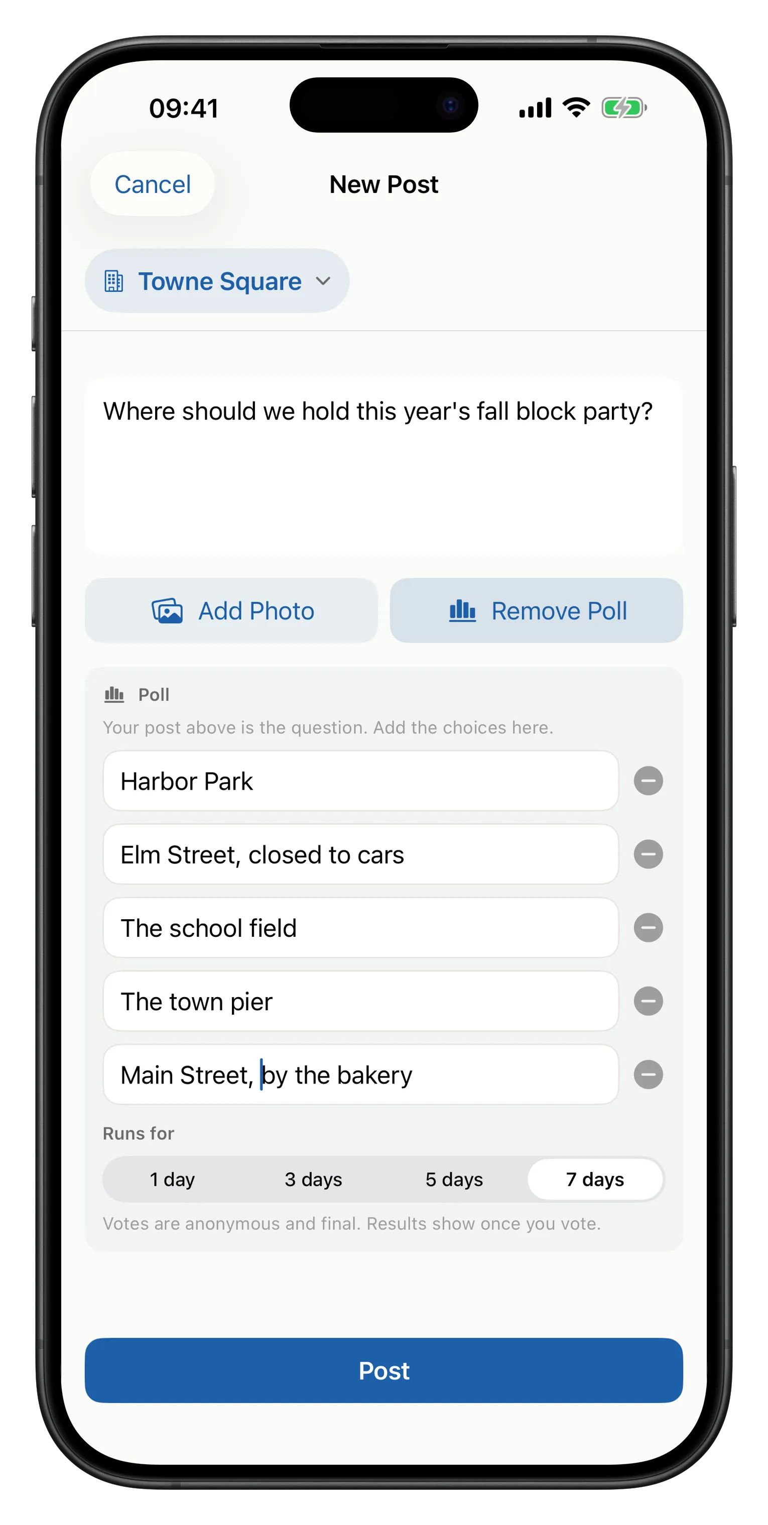 Starting a poll in the Towne app: the question Where should we hold this year's fall block party? with five choices, from Harbor Park to Main Street by the bakery, and a choice of how long it runs, from 1 to 7 days