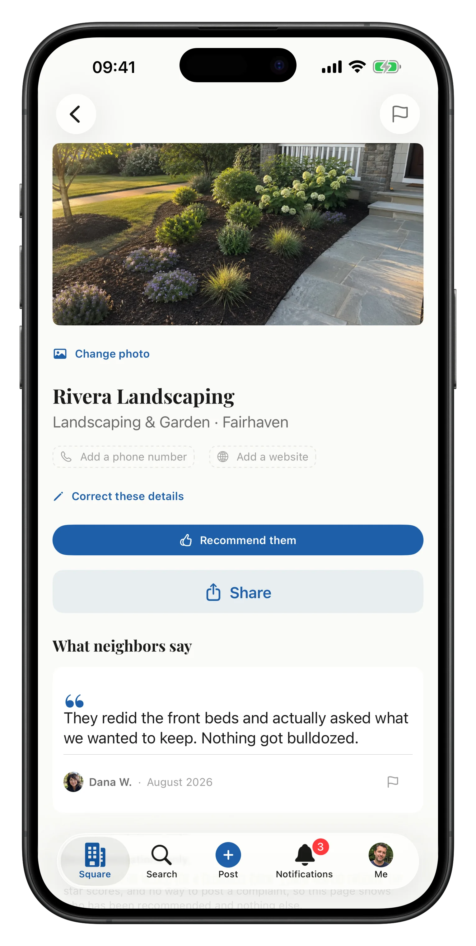 A Business Page in Towne: Rivera Landscaping in Fairhaven, with a photo of the garden beds they planted, a Recommend them button, and a section called What neighbors say quoting a neighbor. No star rating anywhere on the page