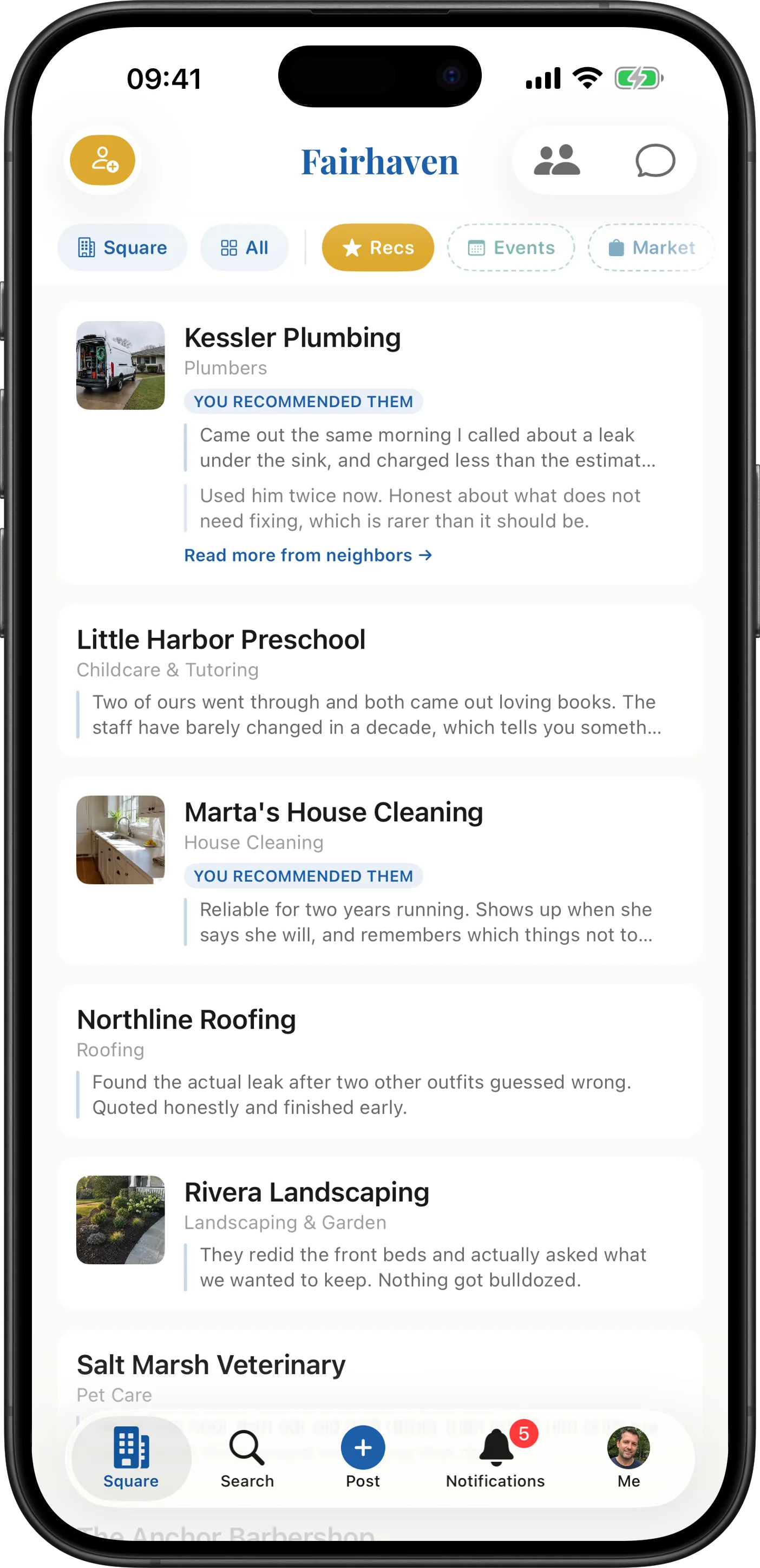 The Towne app's Recommendations channel: local businesses including a plumber, a preschool, a house cleaner and a roofer, each with the words a neighbor wrote about them, and two neighbors quoted on the first one