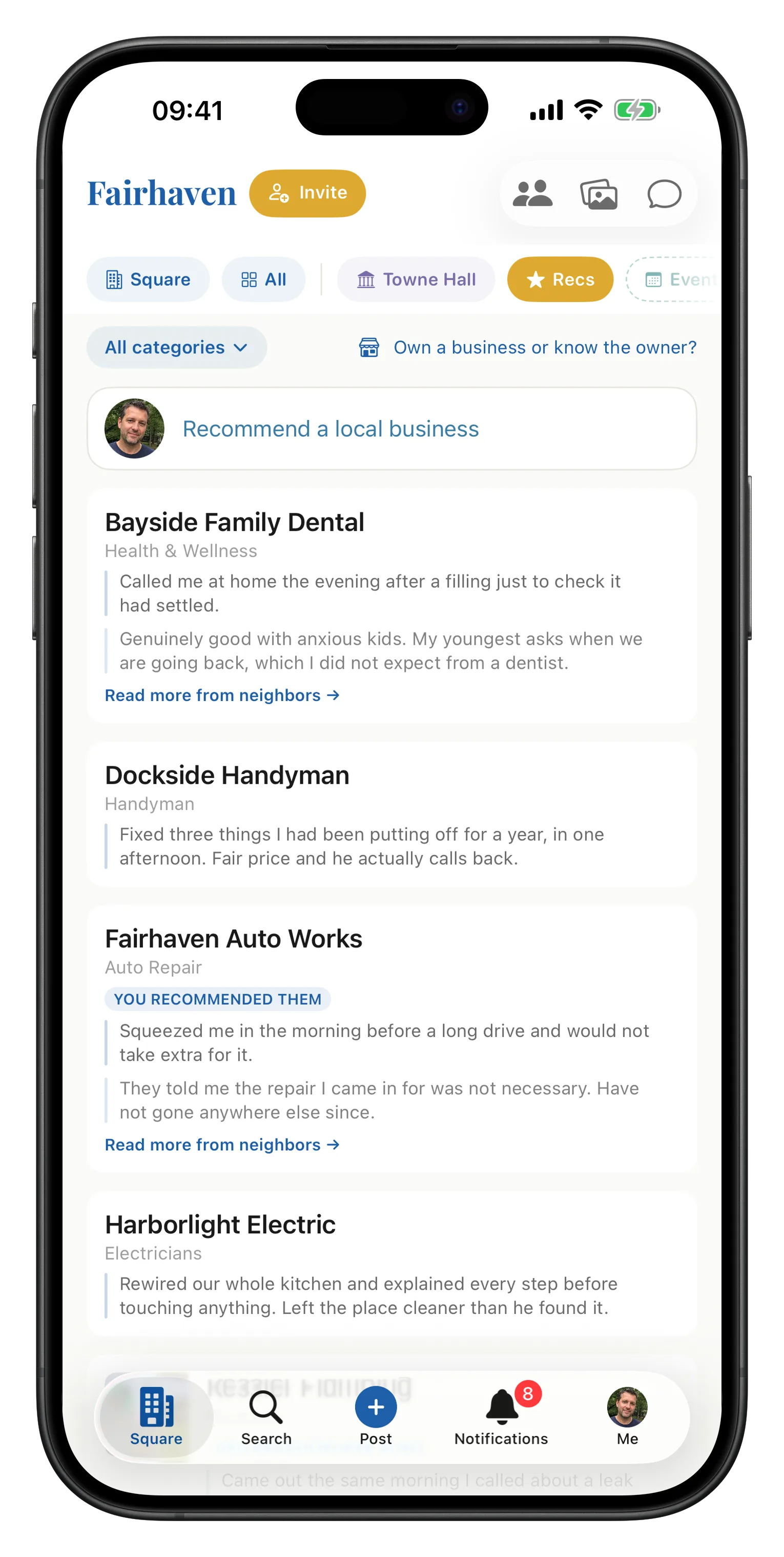 The Towne app's Recommendations channel: local businesses including a plumber, a preschool, a house cleaner and a roofer, each with the words a neighbor wrote about them, and two neighbors quoted on the first one