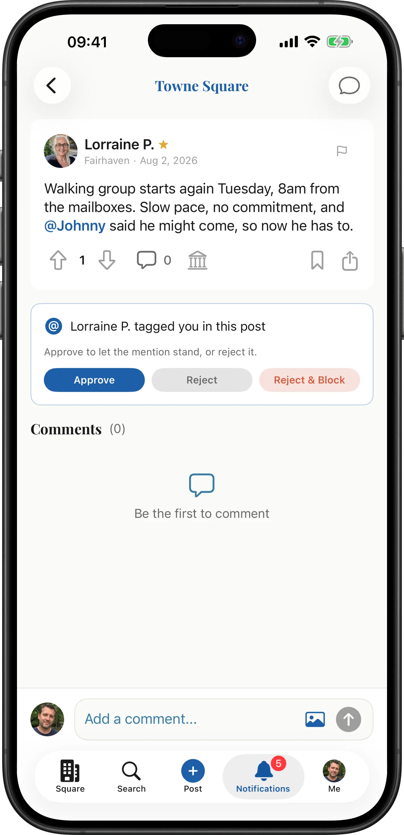 The Towne app asking permission: a banner reading “Lorraine P. tagged you in this post” with Approve, Reject, and Reject and Block buttons