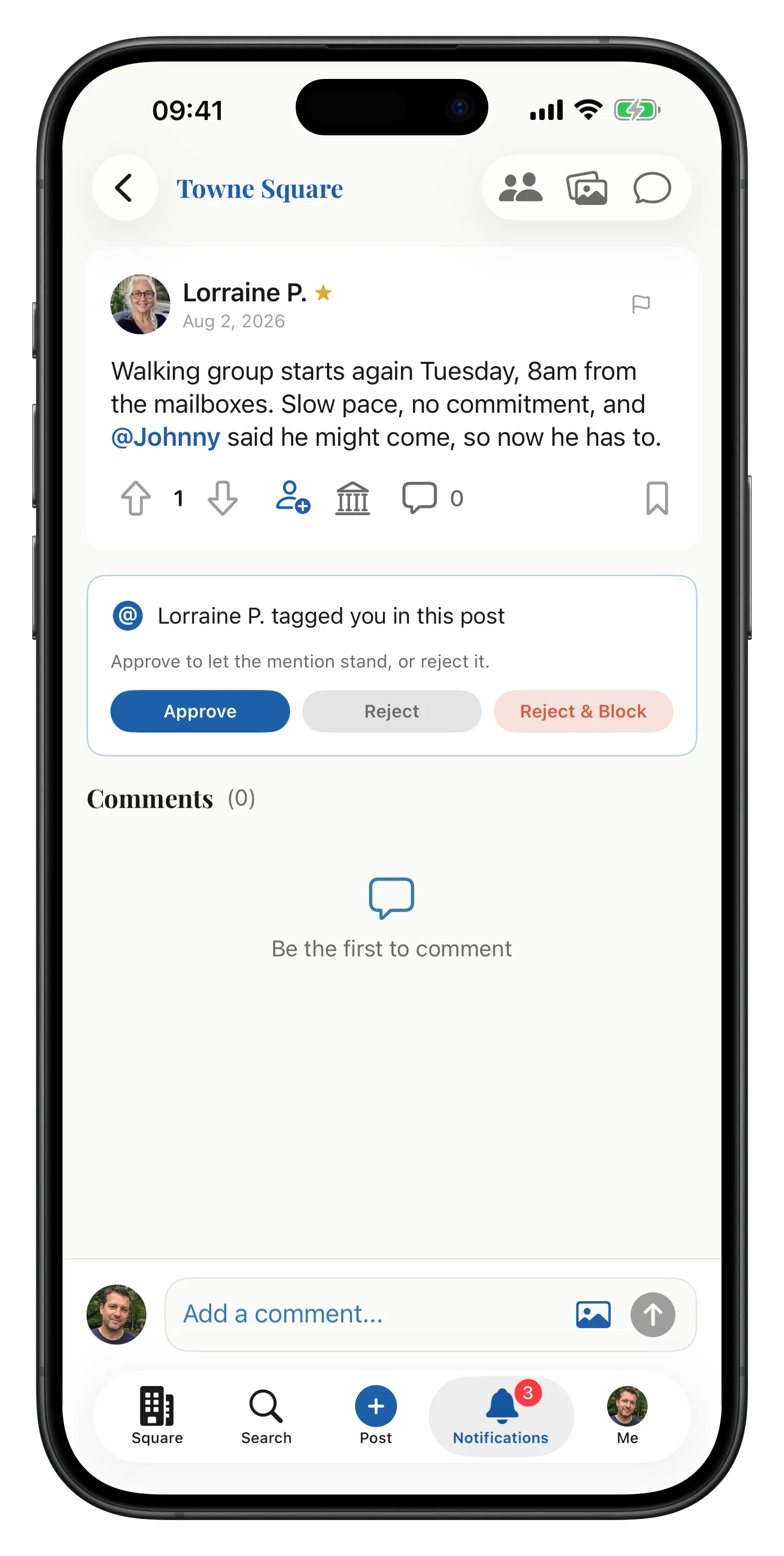The Towne app asking permission: a banner reading “Lorraine P. tagged you in this post” with Approve, Reject, and Reject and Block buttons