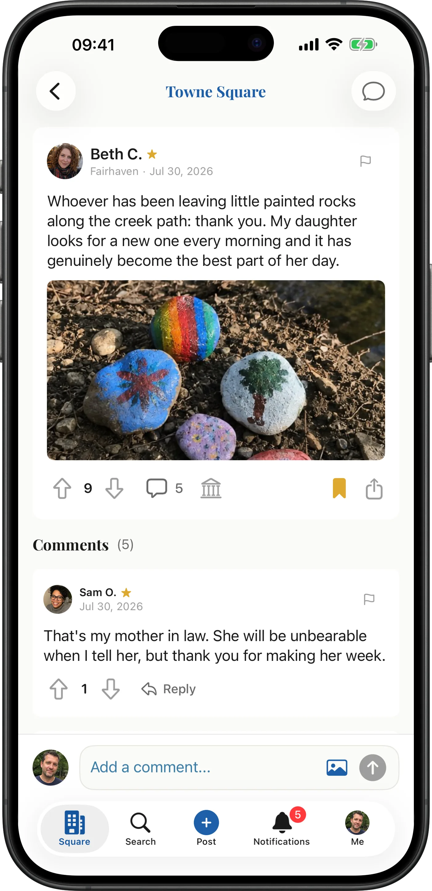 A Towne post and its replies, with the action row showing vote arrows, a comment count, and the classical-building icon a neighbor taps to flag a post as political