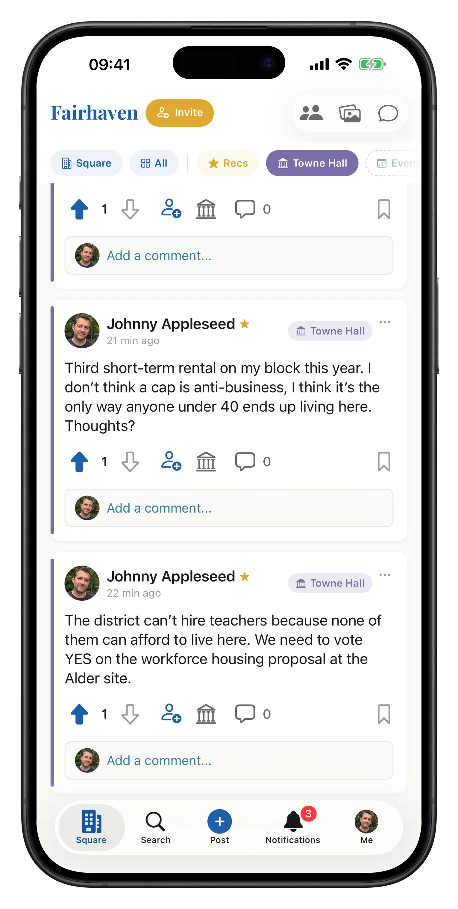 A Towne post and its replies, with the action row showing vote arrows, a comment count, and the classical-building icon a neighbor taps to flag a post as political